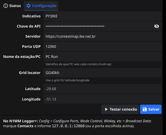 Aba Configuração do Agente, com os campos Indicativo, Chave de API, Servidor, Porta UDP, Nome da estação/PC, Grid locator, Latitude e Longitude