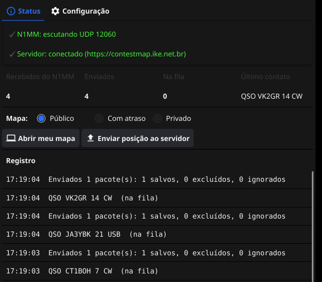 Aba Status do Agente mostrando N1MM escutando na porta 12060, servidor conectado, contadores de contatos, opções de visibilidade do mapa e o registro de envios